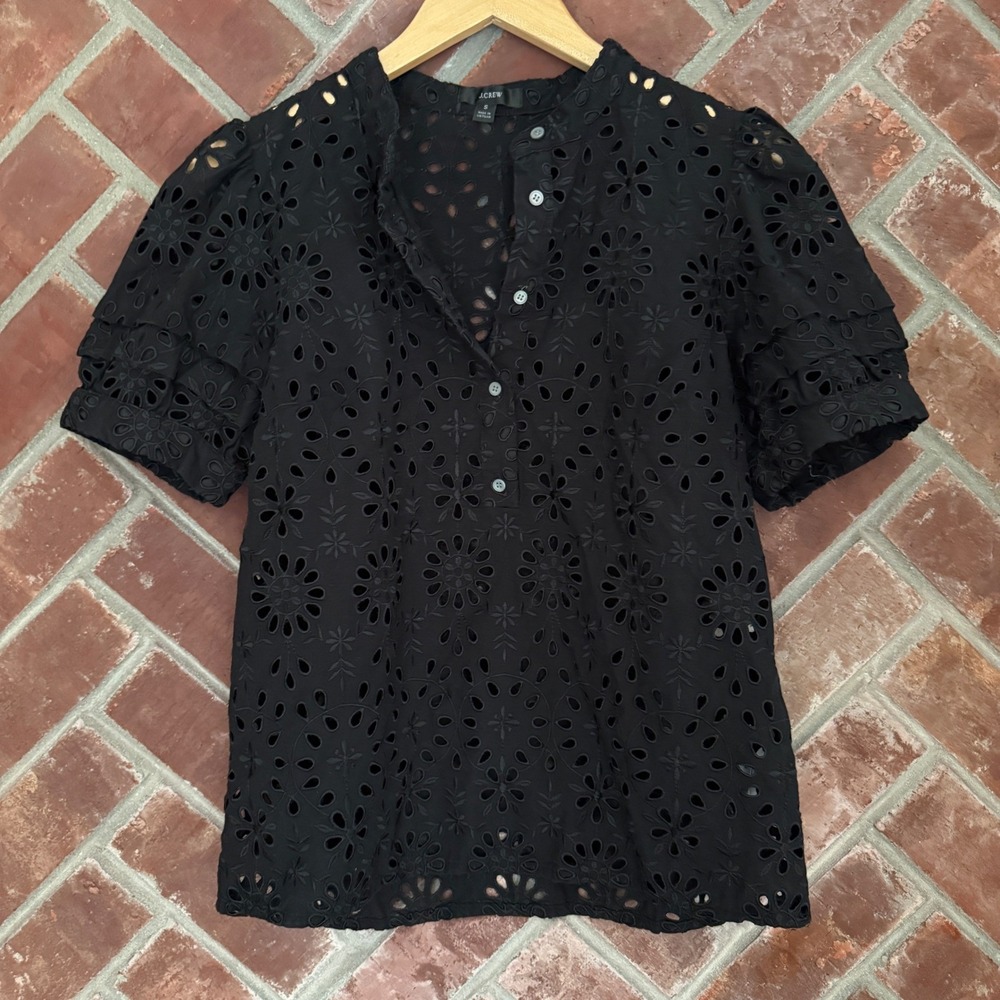 J.Crew ReImagined Eyelet Top Women S Black Ruffle Button Front Blouse Shirt